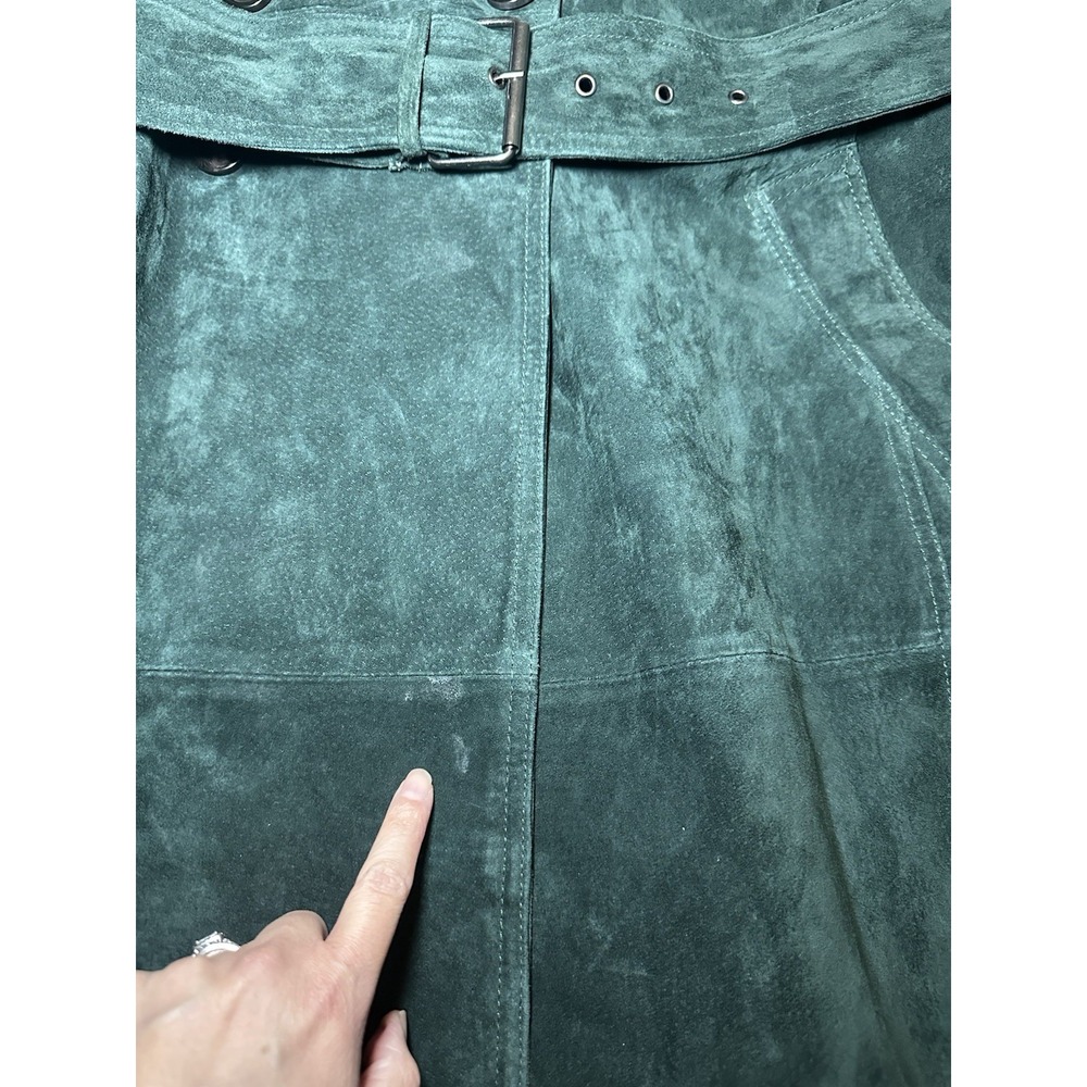 AVEC LES FILLES Foliage Green MEDIUM Genuine Suede Belted Trench Coat Luxury - Picture 6 of 16